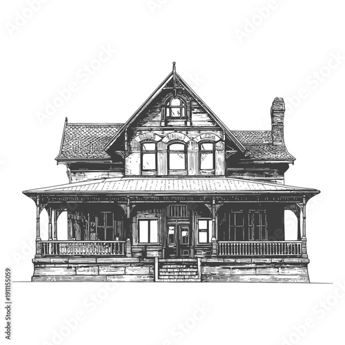 A detailed illustration depicting a classic vintage style home