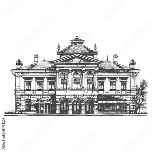 Detailed pen and ink illustration of a grand historic building