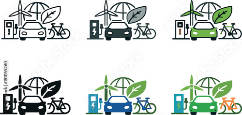 Eco-Friendly Mobility Icons. Sustainable mobility solutions icon showing stylized electric cars, bicycles, charging stations, and