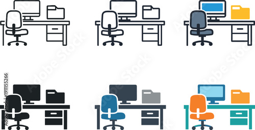 Routine office activities icon depicting a stylized desk, computer monitor, office chair, and file folder representing daily