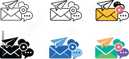 Digital messaging icon depicting stylized envelopes, paper planes, notification symbols, and communication elements representing