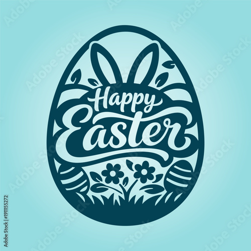 Happy Easter Egg Vector in Monochrome Papercut Style, Bunny and Floral Stencil Design Collection, striker, Spring Holiday Posters, Stickers and T Shirt Print