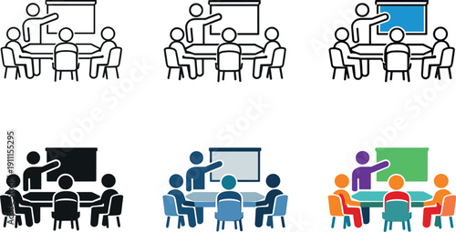 Team meeting icon depicting tables, chairs, people silhouettes, and presentation screens representing collaborative meetings,