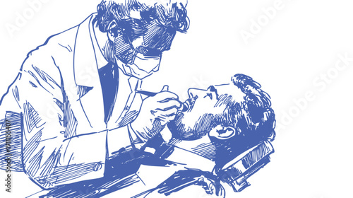 Dentist examining patient oral dental treatment procedure. Blue pencil outline sketch style. Vector illustration for dentistry clinic care, hygiene education and medical marketing.