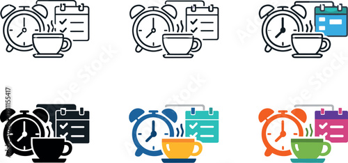 Daily Routine Icons. Daily routine icon showing stylized alarm clock, coffee cup, checklist, and calendar representing morning