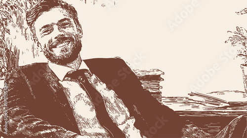 Confident businessman relaxing chair office portrait success. Smiling male executive leaning back after work. Charcoal hand drawn rough sketch drawing style. Background for finance articles.