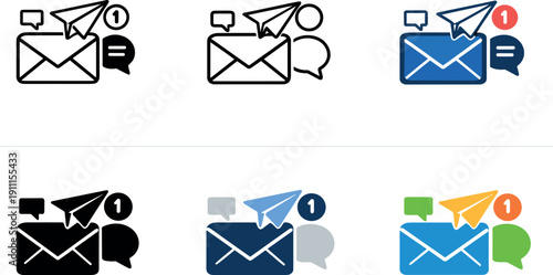 Online correspondence icon depicting stylized envelopes, paper planes, notifications, and messaging elements representing email