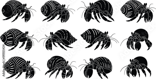 Hermit crab silhouettes collection, marine crustacean shellfish illustration set, ocean wildlife animal design isolated on white background