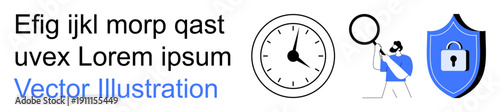 Business productivity, cybersecurity, data analysis, online research, secure access, time tracking. Clock and shield with person using magnifying glass. Productivity and cybersecurity