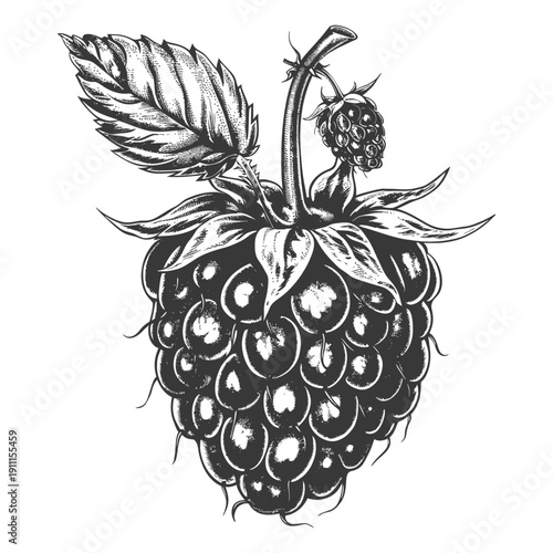 A detailed botanical illustration of ripe raspberries and leaves