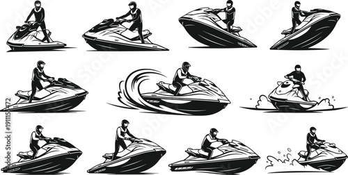 Jet ski silhouette collection, personal watercraft action poses, extreme water sport vector set for summer adventure, recreation design