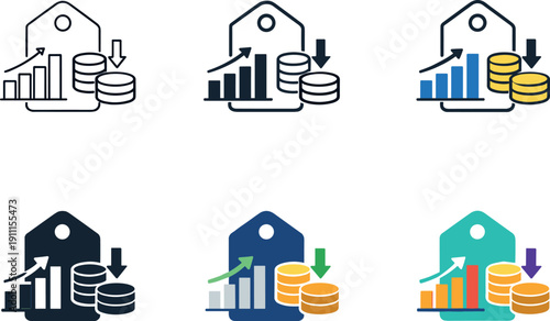 Pricing strategy icon showing stylized price tags, charts, coins, and arrows representing product pricing, revenue optimization,