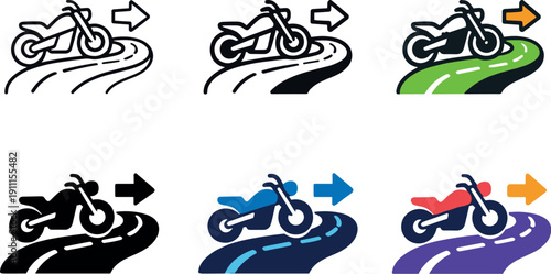 Motorbike adventure icon depicting stylized motorcycles, winding roads, and directional arrows representing travel, touring, and