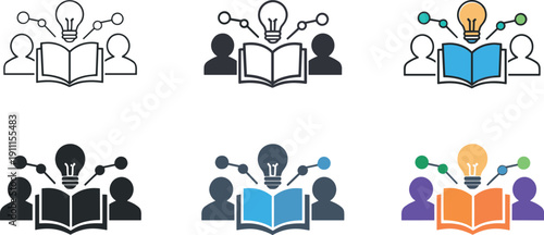 Collaborative learning icon depicting stylized open books, light bulbs, people silhouettes, and connected nodes representing