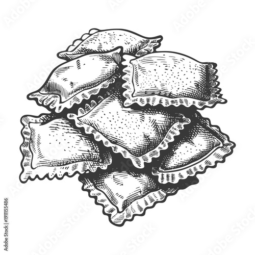 A detailed black and white illustration of stuffed pasta food