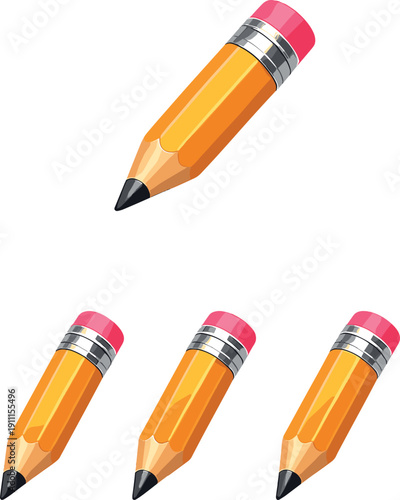 Colorful Pencils Trio. Skill-building action depicted by a sharpened pencil angled forward with defined tip and eraser, centered
