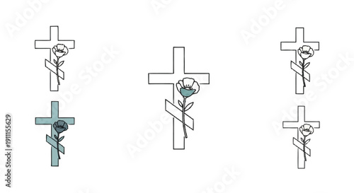 Cross with rose in various colors and line styles flower line symbol christian line religious
