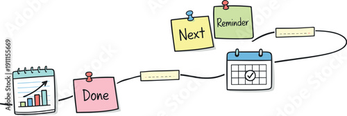 Milestone roadmap path, notebook strips as checkpoints, mini chart and calendar icons, pinned sticky notes for Subscription