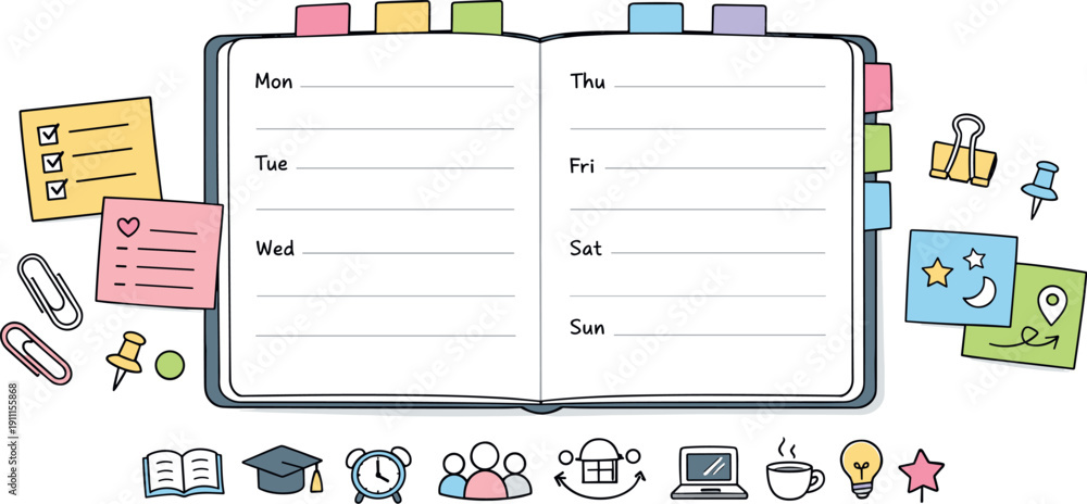custom made wallpaper toronto digitalOpen weekly planner spread, tabbed notebook pages, paper clips and sticky notes, small reminder icons for Study circle schedule