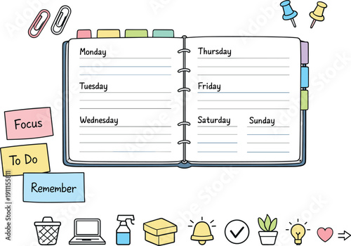 Open weekly planner spread, tabbed notebook pages, paper clips and sticky notes, small reminder icons for Desk organization