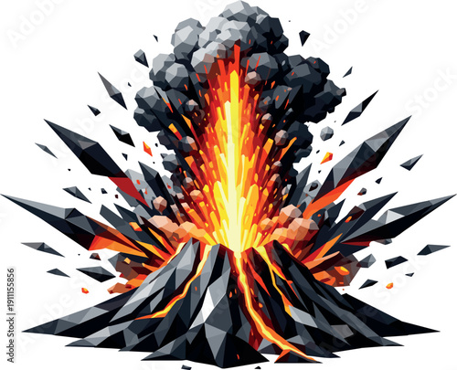 Low-poly vector illustration of a volcano eruption blast breakthrough moment, eruption fully unleashed with a towering vertical