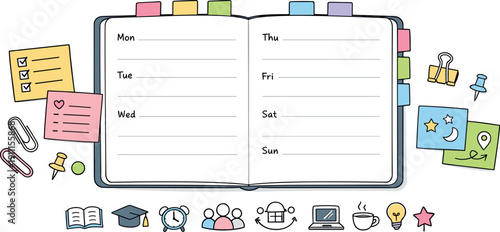 Open weekly planner spread, tabbed notebook pages, paper clips and sticky notes, small reminder icons for Study circle schedule