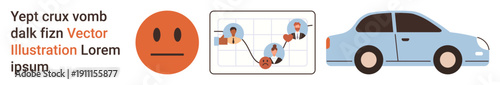 Emotions, transportation, network connections, communication, logistics, facial expressions. Visual of a neutral face, connection diagram with people and a car. Emotions and transportation in focus