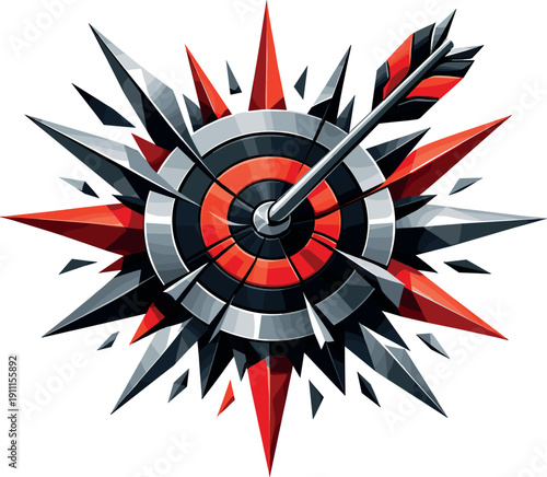 Low-poly vector illustration of a decisive bullseye breakthrough, arrow fully embedded at the exact center with a powerful