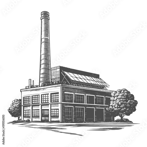 An industrial factory with a tall chimney and trees surrounding it