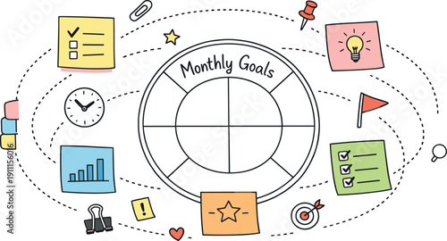Circular planning wheel, orbiting sticky notes, tiny clock and flag icons, curved dotted paths for Monthly goals spread with tabs