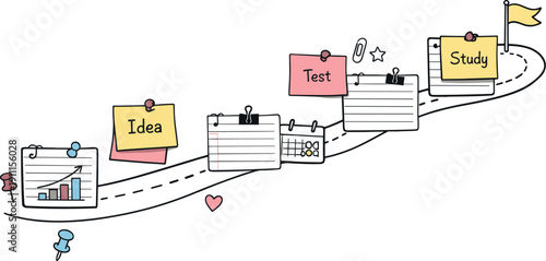 Milestone roadmap path, notebook strips as checkpoints, mini chart and calendar icons, pinned sticky notes for Teacher planner