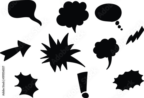 Collection of Dynamic Vector Silhouettes Speech Bubbles, Thought Clouds, and Comic Communication Elements