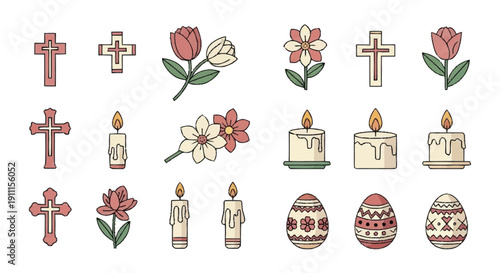 Easter eggs candles flowers crosses decorated eggs lit candles tulips