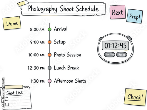 Daily schedule timeline with time blocks, timer and notebook page scraps, sticky notes and progress dots for Photography shoot