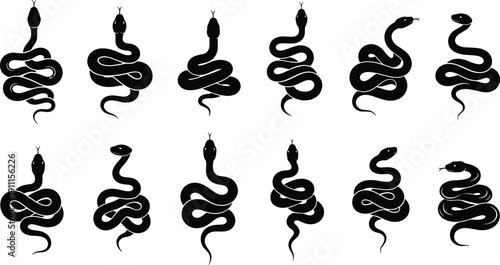 Snake silhouette collection, coiled serpent poses, reptile wildlife vector set for tattoo design, logo, illustration, branding projects