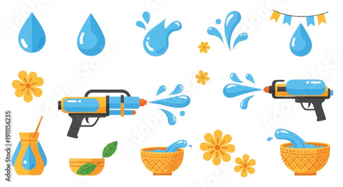 Water guns flowers and water droplets in blue and yellow colors