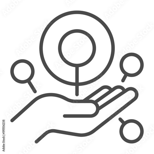 Minimalist line icon of human hand supporting various magnifying glasses for research and discovery