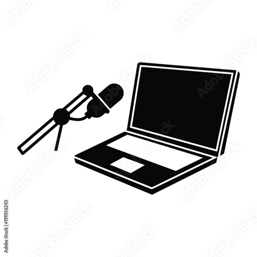 Minimalist black silhouette of a laptop and studio microphone for podcasting and online broadcasting