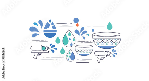 Water guns and bowls with blue green water droplets