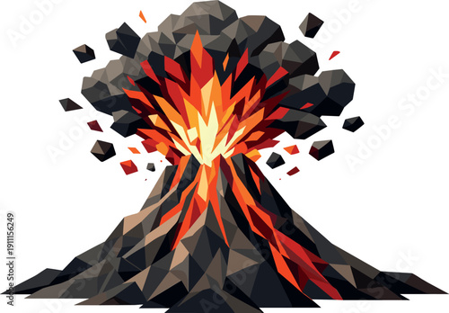 Low-poly vector illustration of a volcano eruption blast as a direct hero depiction, towering volcanic cone constructed from