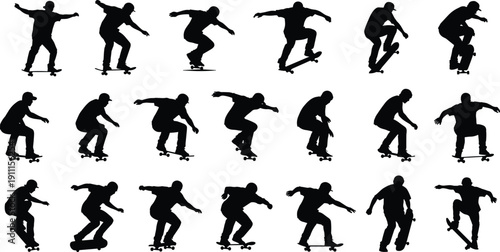 Skateboarder silhouettes collection, extreme street sport trick poses illustration set, urban skating activity isolated on white background