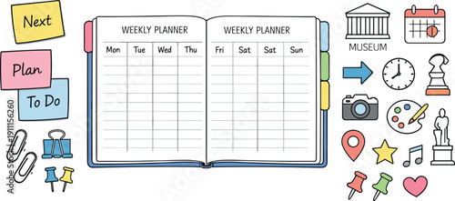 Minimalist Planner Layout. Open weekly planner spread, tabbed notebook pages, paper clips and sticky notes, small reminder icons
