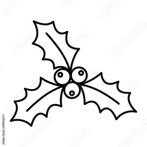 Minimalist outline drawing of festive holly branch with pointed leaves and berries for decoration