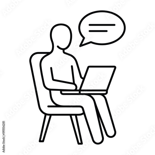 Minimalist line art icon of person working on laptop with a digital message bubble