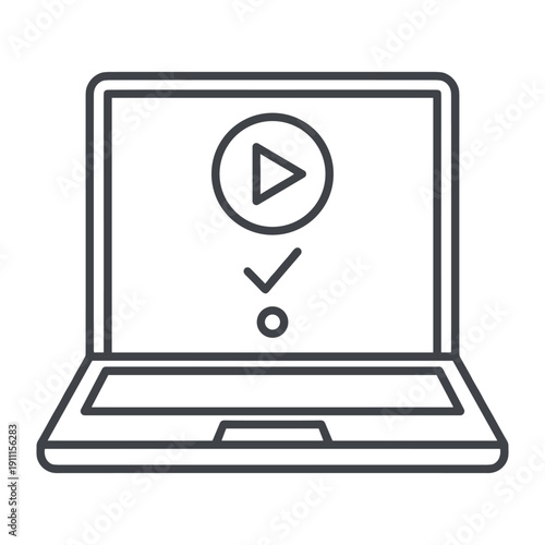 Minimalist line art illustration of a laptop showing media player and file download icon