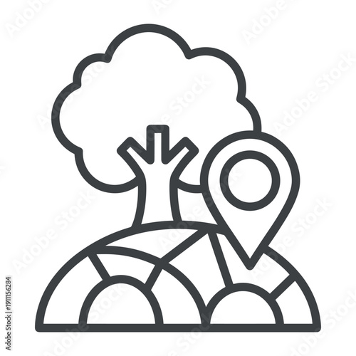 Simple line art illustration of a tree and location marker pin on world globe