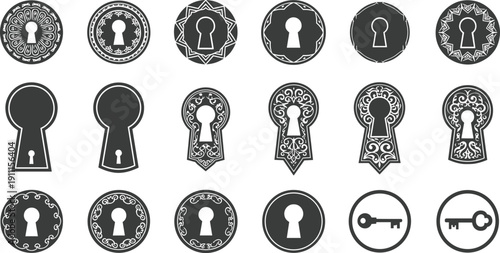 Vintage keyhole silhouette collection, ornamental lock icons, security symbol vector set for privacy design, antique decoration illustration