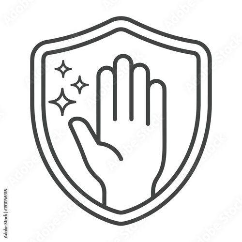 Minimalist line art icon showing a human hand inside a protective shield with sparkles representing cleanliness