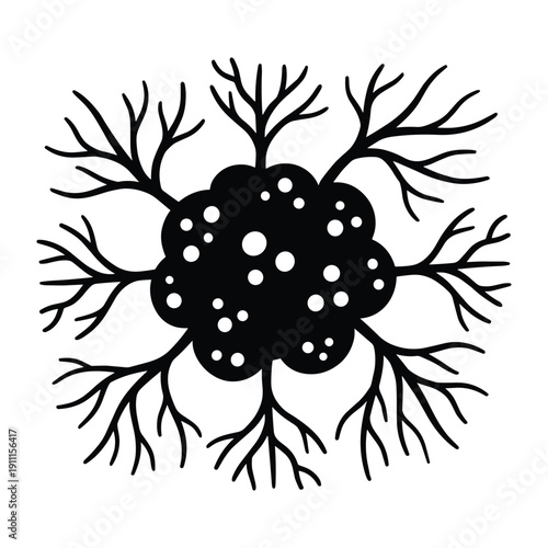 Minimalist black and white graphic representing a biological cell or plant with organic branches