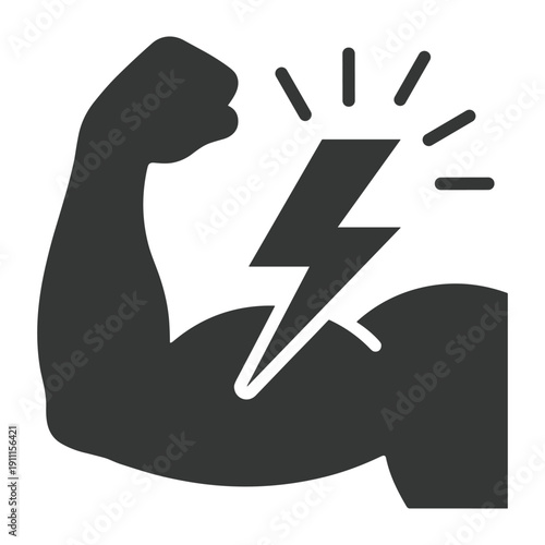 Black silhouette icon flexed muscle arm with thunderbolt for energy power gym performance health